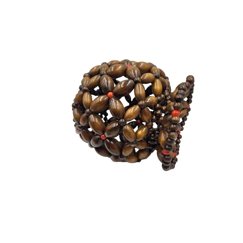 Wood Bead Flower Planter Vase w/ Insert Vintage 70s Mid Century‎ Modern Boho
